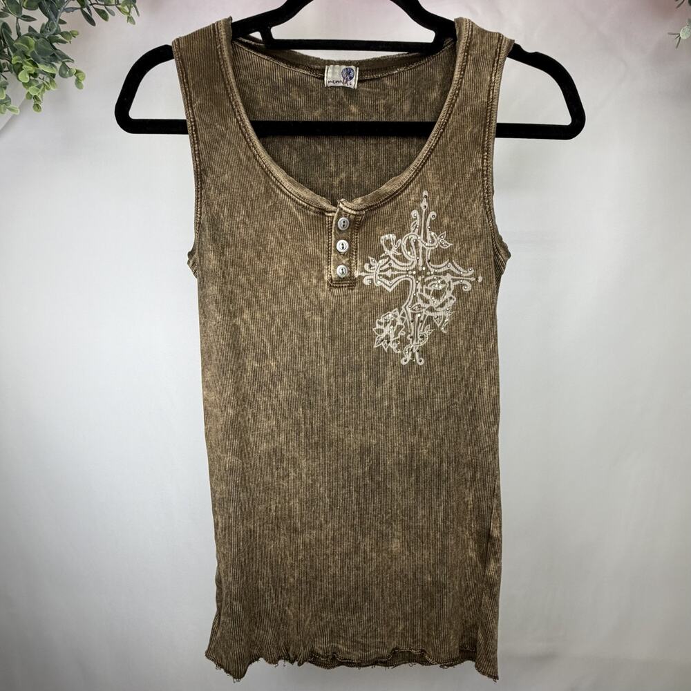 Vintage Y2K One World Ribbed Tank Top Large Brown Beaded Cross